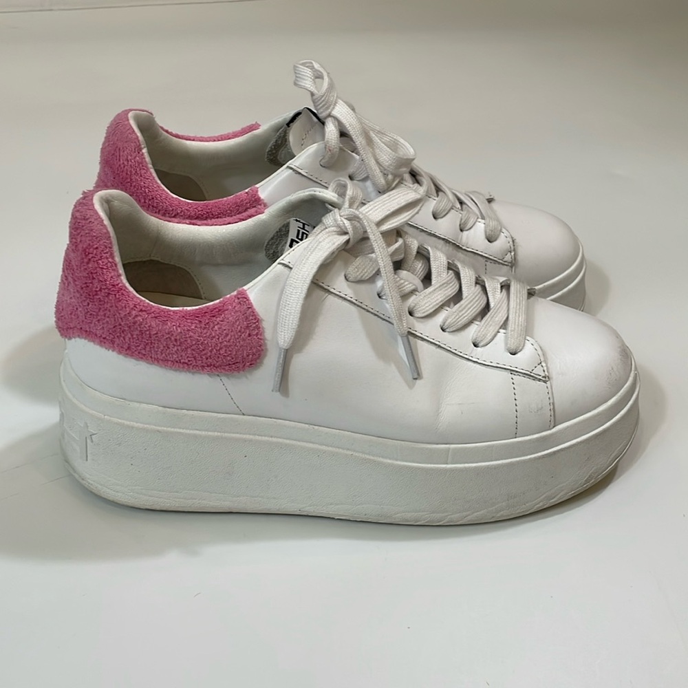 ASH Platform Sneakers Size 40 White Leather Pink Accent EUC